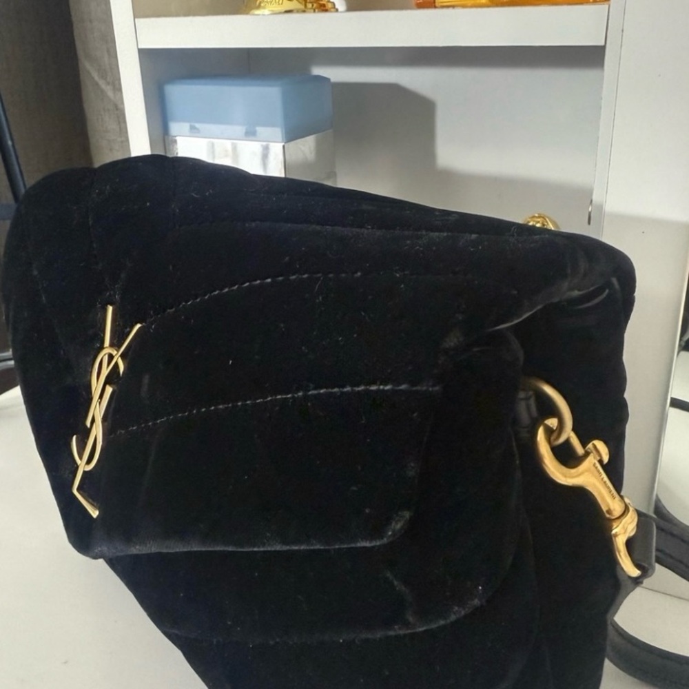 Yves Saint Laurent Black Velvet Crossbody Bag with Gold Logo